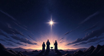 Three figures stand silhouetted against a vibrant starry night sky with a bright guiding star