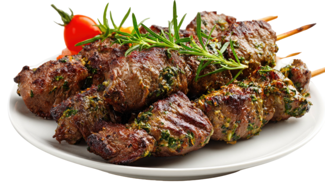 Juicy seasoned meat skewers with fresh herbs and vegetables