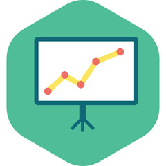 Business Growth Chart Displayed on a Presentation Board with Teal Hexagonal Background and Upward Trending Yellow Line With Red Dots