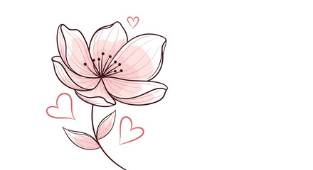 A delicate pink flower with faint hearts drawn in a simple sketch style representing love and nature's beauty.