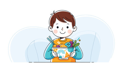 A young boy proudly holding a pot of fresh plants and vegetables.