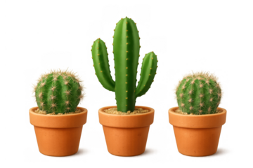 Green cacti set in terracotta pots with sand, displaying various succulent plants on a transparent background