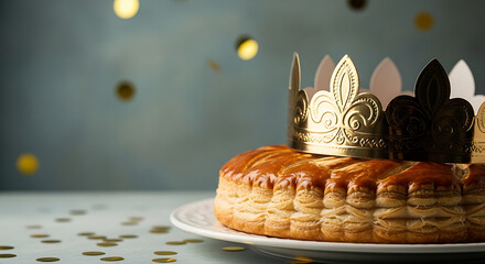 Golden crown on a festive puff pastry cake with confetti