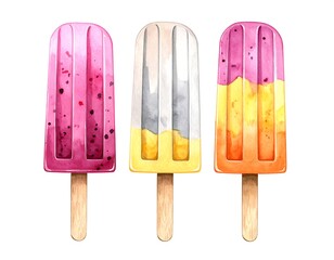 Watercolor painting of three colorful, refreshing popsicle treats