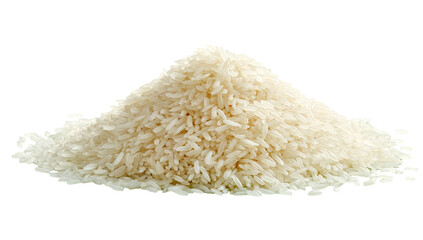 A conical pile of uncooked white long-grain rice on a dark background