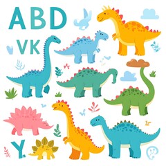 Whimsical illustration of diverse, colorful, cartoon dinosaurs and alphabet