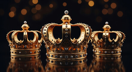 Three ornate golden crowns displayed on a reflective surface with bokeh background