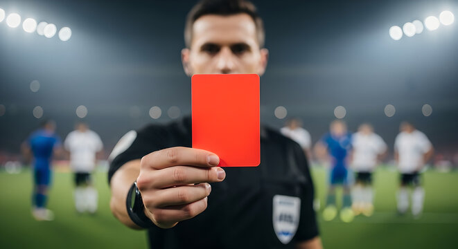 Football Soccer Referee Holding Up Red Card Indicating Player Ejection for Serious Foul