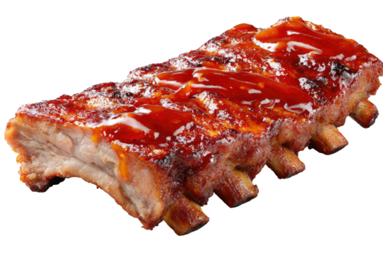 Delicious barbecued ribs coated in a shiny, red glaze