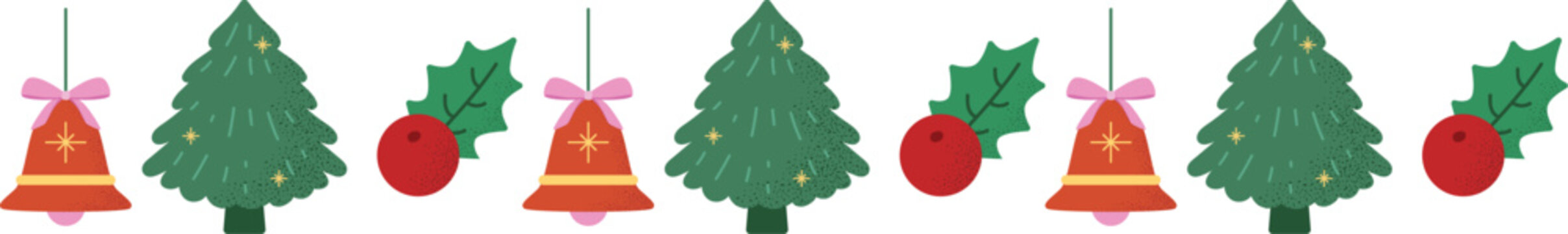 Christmas Border with Christmas Tree, Bell Bauble and Mistletoe Illustration