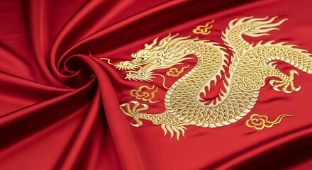 Magnificent Embroidered Dragon on Red Silk: A regal golden dragon, intricately embroidered on luxurious red silk, its form a symbol of power and prosperity.
