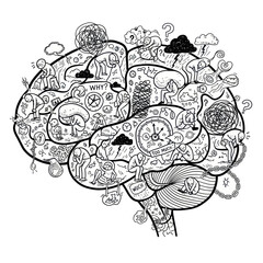 Intricate doodle illustration of a human brain filled with thoughts and emotions.
