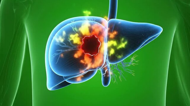 3D Medical Animation Visualization of Diseased Liver with Cancerous Lesions on a Chroma Key Green Background Ready for VFX Compositing
