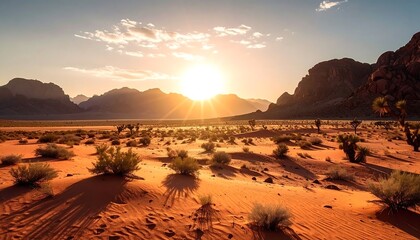 A sunlit, arid desert scene with mountains, scrub brush, and dunes under a bright sunset, casting long shadows