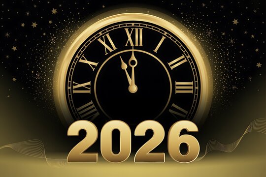Golden clock face showing midnight with the year 2026
