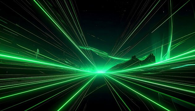 A vibrant digital artwork showcases a tunnel perspective with bright green lines converging towards a distant horizon - Powered by Adobe