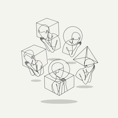 Abstract illustration of people inside geometric shapes representing different perspectives.