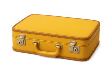 Yellow vintage travel suitcase with brown trim and latches on transparent background, preparing for a retro journey