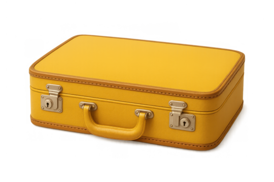 Yellow vintage travel suitcase with brown trim and latches on transparent background, preparing for a retro journey
