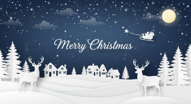 Paper cut style illustration of a peaceful snowy winter village night scene under a starry sky with a full moon, featuring two large white reindeer and Santa Claus flying in his sleigh.