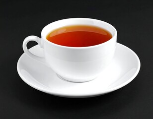 White teacup filled with tea, on a matching saucer, against a black backdrop