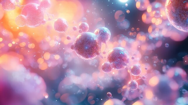 Abstract scientific molecules floating in vibrant liquid with bokeh