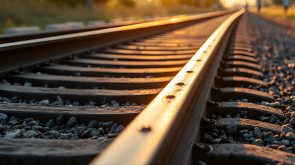Close up of railroad tracks on gravel on a sunny morning