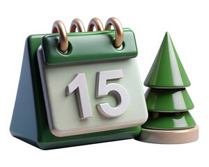 Green and white desk calendar with number 15 near fir on white background