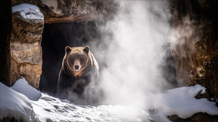 hibernation. A brown bear emerging from a snowy den, its breath visible in the cold air. wildlife magazines, conservation campaigns, designed for eco-tourism storytelling, used by ngo communicators.
