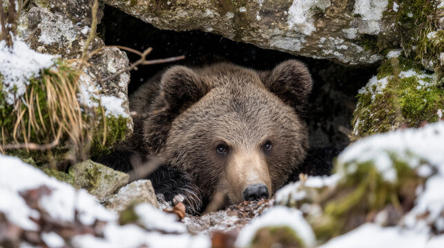 hibernation. A brown bear emerging from a snowy den, its breath visible in the cold air. wildlife magazines, conservation campaigns, designed for eco-tourism storytelling, used by ngo communicators.