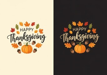 Happy thanksgiving text with autumn leaves, acorns, and pumpkins on a split cream and black background