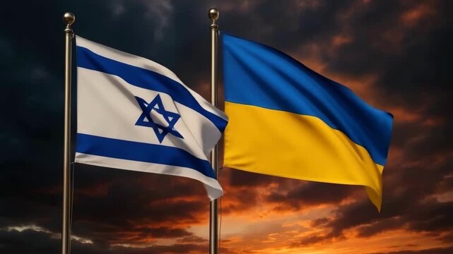 Israel and Ukraine Flags at Dramatic Sunset