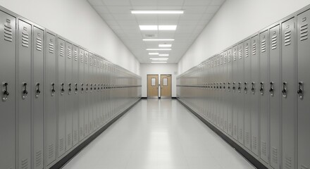 Fototapeta premium Brightly lit empty school hallway with endless rows of gray metal lockers and a clean white floor creating a symmetrical perspective. AI Generated