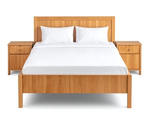 Wooden bed frame with white bedding, and matching nightstands