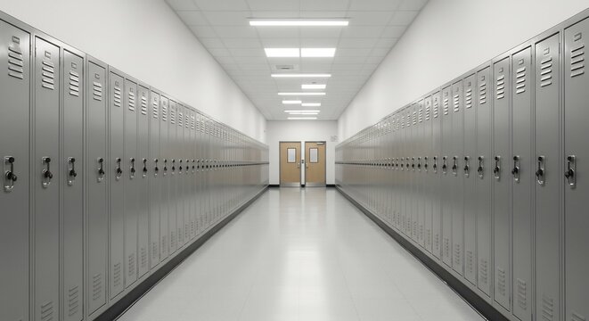 Brightly lit empty school hallway with endless rows of gray metal lockers and a clean white floor creating a symmetrical perspective. AI Generated