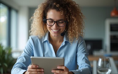 Confused Customer Service Representative Assisting With Technical Tablet Error. High quality