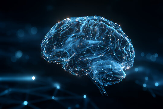 High-tech neural network brain with glowing digital pathways - Powered by Adobe
