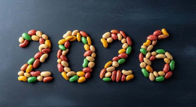 Colorful jelly beans form the year 2026 on a dark textured background - Powered by Adobe