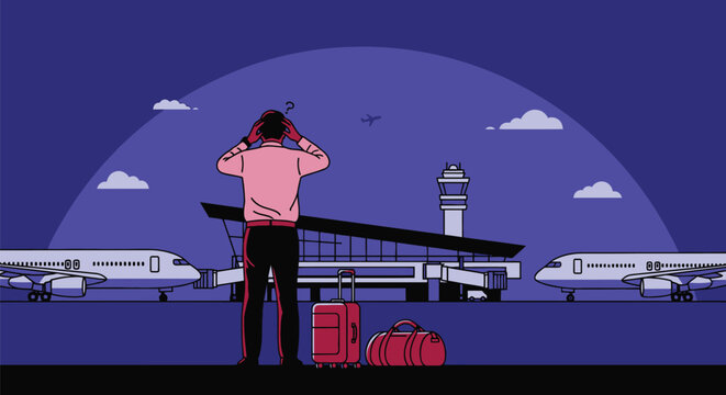 Man at airport stressed about travel delays and baggage issues