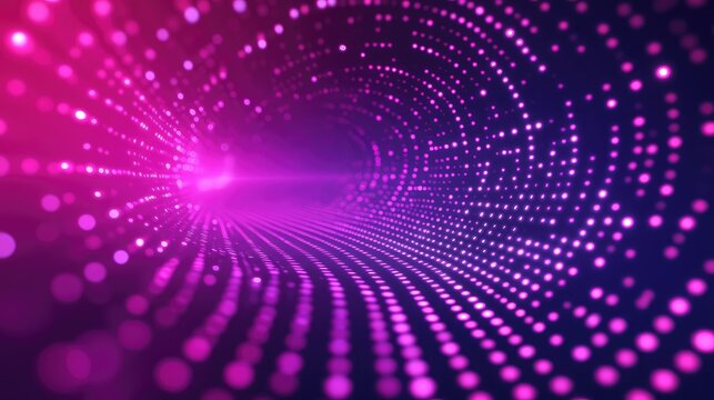 Digital data tunnel with glowing neon light particles