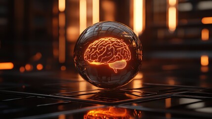 Artificial intelligence brain glowing inside glass sphere technology