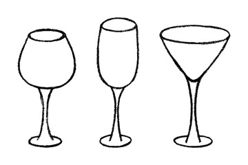 Set of hand drawn wine and champagne glasses Alcohol drink clipart in doodle style Single element for print, web, design, decor Happy New Year