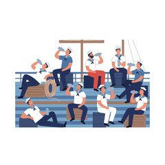 8 set ship crew member relaxing on the deck during break time, sitting and drinking water, flat design, minimalistic vector, white background