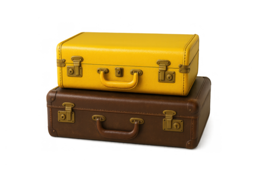 Stacked vintage suitcases, yellow and brown, ready for traveling, vacation, and journey on a transparent background