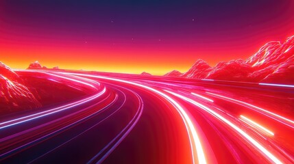 Neon light trails on futuristic highway at sunset