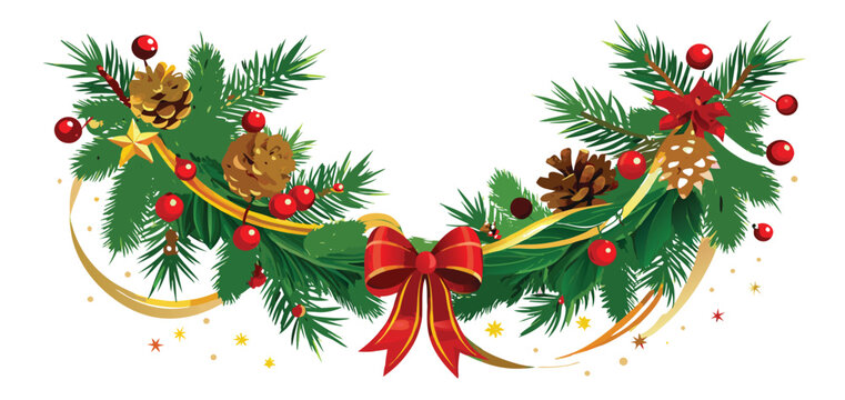 Festive Christmas garland with red bow and pine cones decoration.