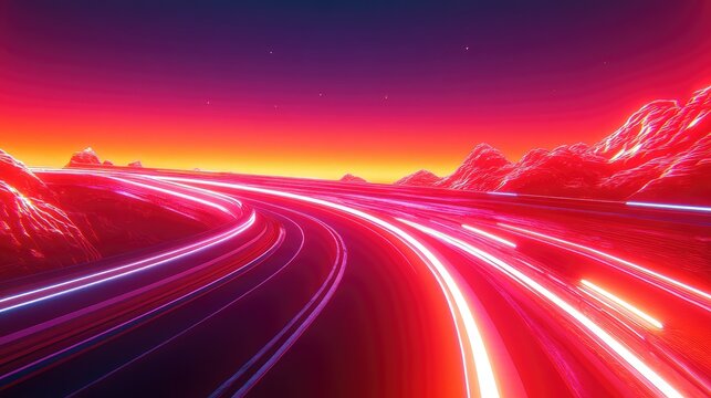 Neon light trails on futuristic highway at sunset
