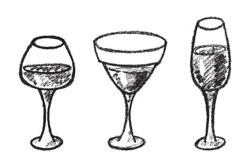 Set of hand drawn wine and champagne glasses Alcohol drink clipart in doodle style Single element for print, web, design, decor Happy New Year