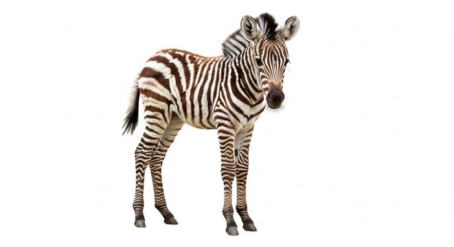 Adorable zebra foal stands quietly on a bright white studio background creating a clean high-key aesthetic. AI Generated