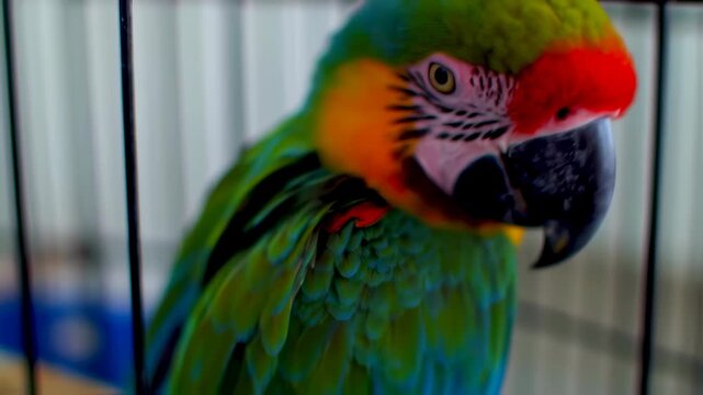 Vibrant macaw parrot in close up view within cage displaying colorful plumage